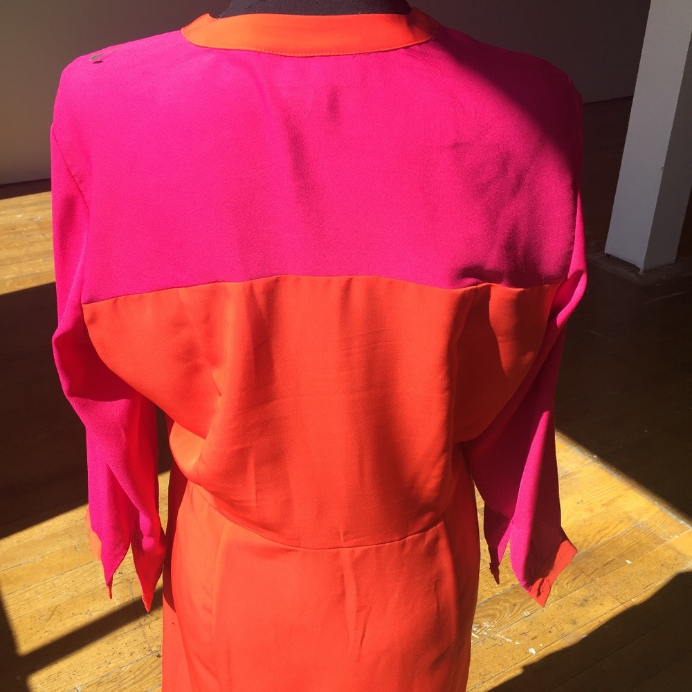 Bold vibrant Hot pink and orange color blockef long sleeve dress - Picture 7 of 7